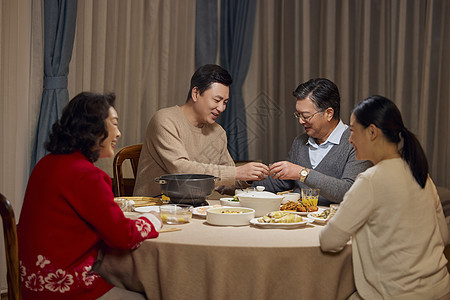 喝白酒的人春节年夜饭父子喝白酒碰杯背景