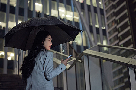 边走路边玩手机城市夜晚撑着伞的商务女性背景