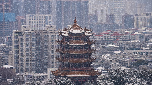 武汉冬天雪景黄鹤楼飘雪图片