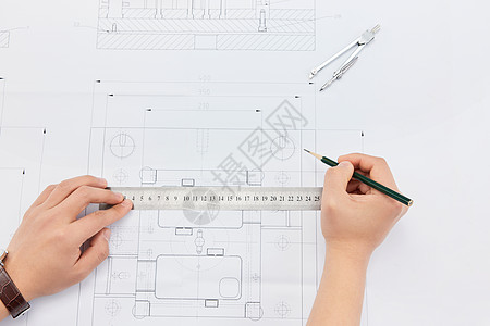 工程师制作工程设计图纸特写高清图片
