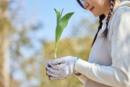 双手捧着花苗的女性图片