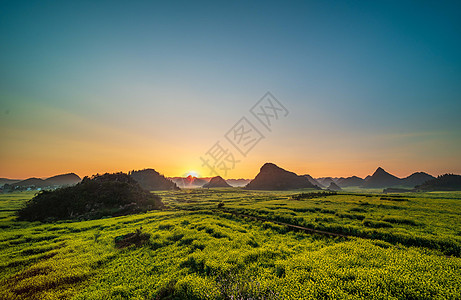 云南罗平金鸡峰油菜花海日出风光高清图片