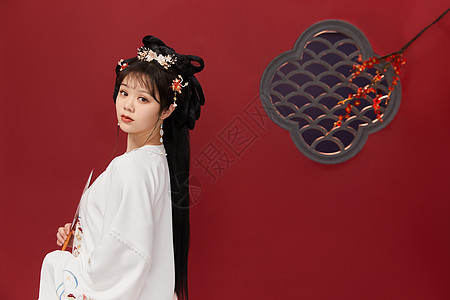 中国风梅花古装汉服美女侧颜背景图片