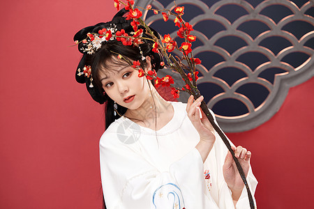 中国风美女手拿梅花枝背景图片