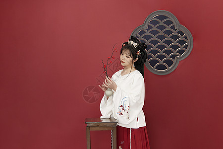 中国风传统古装汉服美女拿梅花枝背景图片