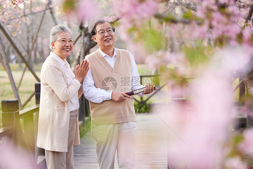 幸福老年夫妻一起在公园赏花图片