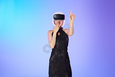 未来世界多彩元宇宙少女使用vr眼镜虚拟碰触背景