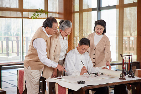 传统服饰老年人聚会画国画背景