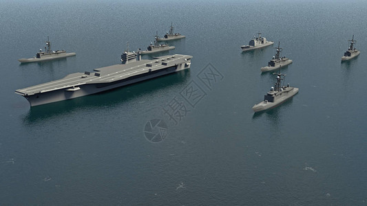 美国航空母舰与驱逐舰和一艘巡洋舰在太平洋对朝鲜3d渲染图片