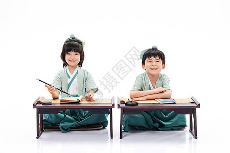 男孩女孩学习国学传统知识书法高清图片素材