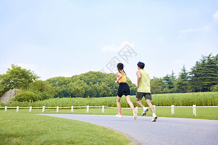 公园草坪年轻男女户外跑步运动背影背景