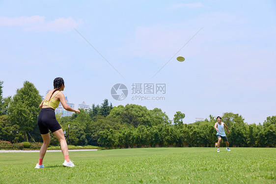 在户外公园玩飞盘的青年男女图片