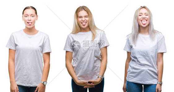 三位身着白色T恤的女士顽皮吐舌图片