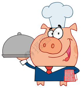 友善的侍者猪头大厨帽在餐图片