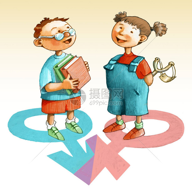 男孩和女孩站在男女符号上插画图片