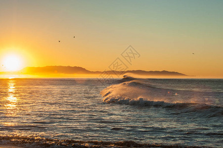 清晨阳光照耀着东风在文图拉海滩的图片