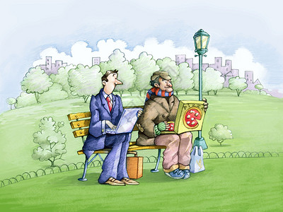 一个员工和一个无家可归的人坐在公园的长椅上图片