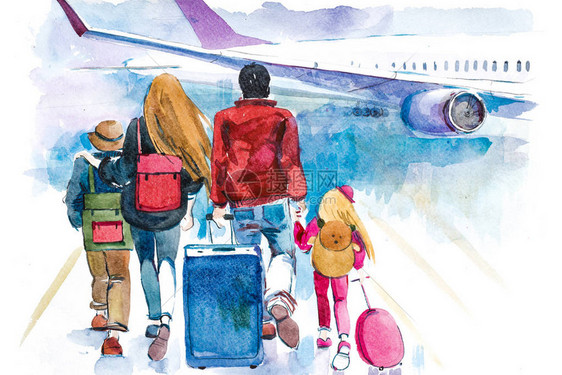 家人去飞机上旅行旅客在机场乘飞机走图片
