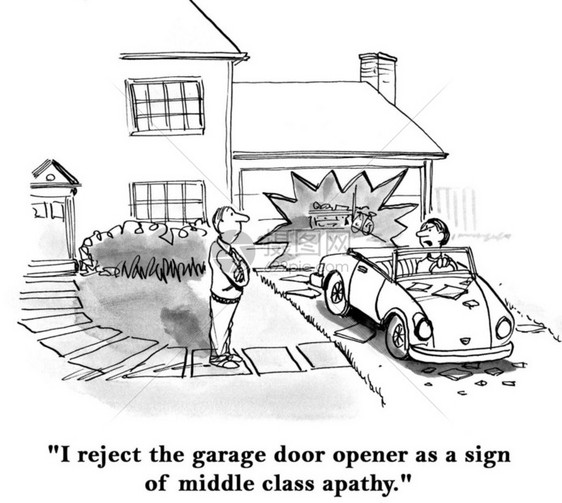 漫画插图男人拒绝车库门打开器作为中产阶图片