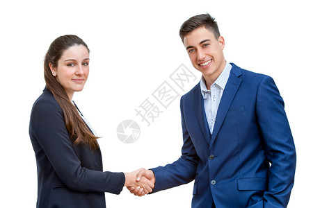 身穿蓝西装的年轻商业伴侣亲近画像与手握手图片