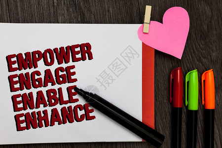 显示EmpowerEngageEnableEnhance的书写笔记商业照片展示授权领导动机参与页面上的粗体红字笔小心脏背景图片