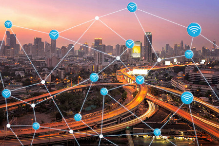 具有wifi连接的智能城市展示了用于全球业务连接的物联网智能技术智能城市和智能技术物联网概背景图片