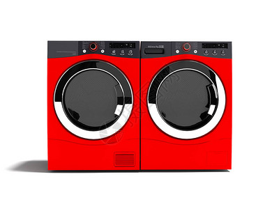 红洗衣机和家用烘干洗衣机3d在白图片