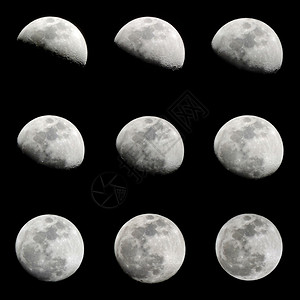 一套详细显示农历第二季度的月相在黑色背景上孤立的9个新月的剪影农图片