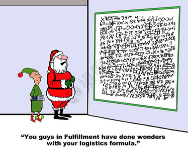 圣诞卡通片展示了圣诞老人和一个小精灵看着一个有复杂公式的板子你们在Fulfillment的物流公式背景图片