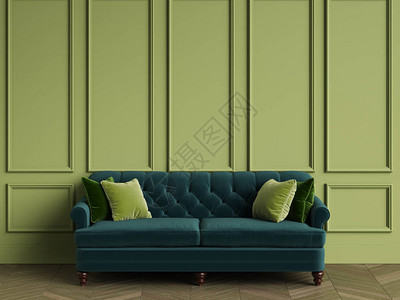 簇绒翠绿色沙发在古典室内与复制空间绿墙与造型地板拼花人字形数字插图图片