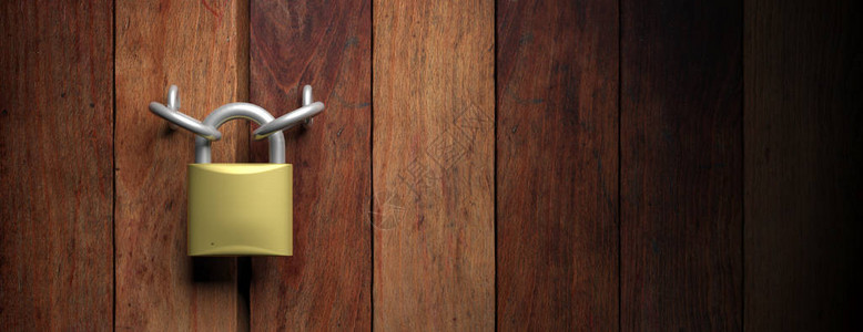 木门上的旧挂锁关闭3d插图图片