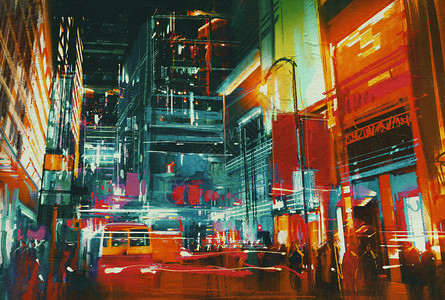 夜晚的城市街道彩灯数码绘画背景图片