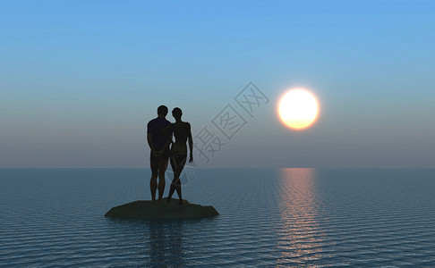 在海滩看月出的年轻夫妇图片