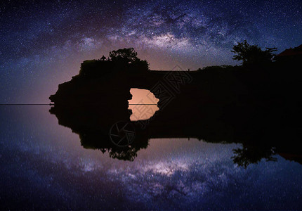 印度尼西亚巴厘岛海神庙上空的银河系景观与星的夜空背景图片