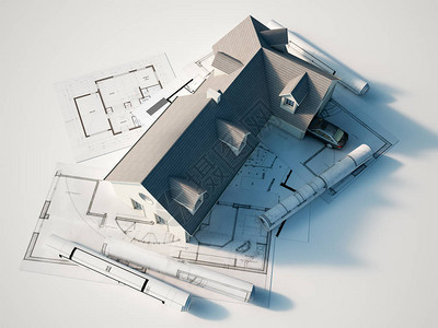 屋面防水在蓝图之上的房子的3D渲染设计图片