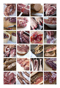 食物拼贴画上的猪肉和牛肉和菜肴图片