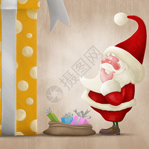 圣诞老人在一个大礼物盒和小袋背景图片