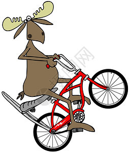 一头公牛驼鹿在一辆带有加长车把和香蕉座椅的红色自行车上弹出图片