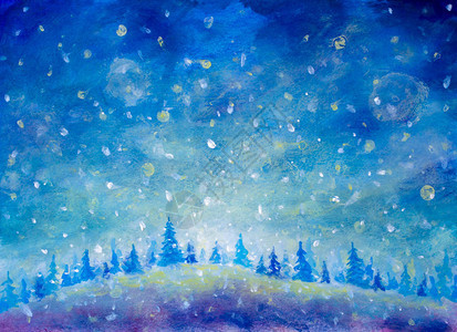 油画抽象图案圣诞背景艺术节日快乐新年丙烯酸画纸艺术品白雪皑的森林背景图片