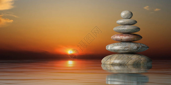 禅石堆在水圣日落3d插图图片