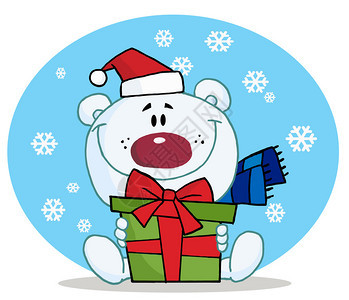 在雪地里拿着礼物的圣诞北极熊图片