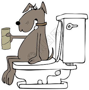 说明有一只压力很大的狗坐在马桶上举着一背景图片