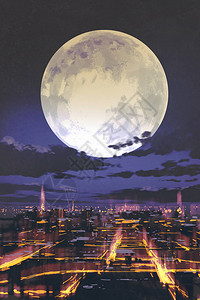 夜月满在夜间城市天际的夜幕带多彩光背景图片