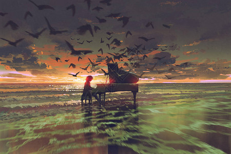 男子在日落的海滩上鸟群中弹钢琴的数字艺术背景图片