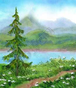 水彩色风景河边山丘附近小树图片