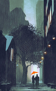 情侣打着红伞走在雨夜街上插画背景图片