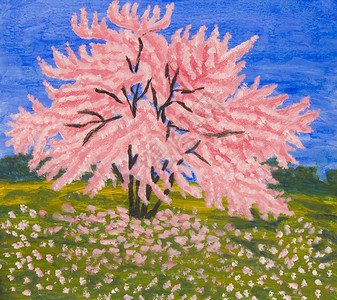 风景与盛开的紫荆树油画图片