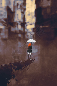 白色雨伞站着反对被摧毁的城市插图片
