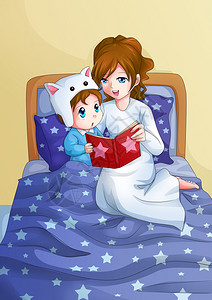 卡通插图说明一位母亲在睡觉前图片