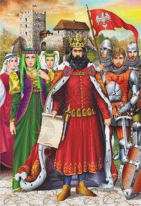欧洲中世纪国王和皇家视网膜与中世纪城堡的背景图片
